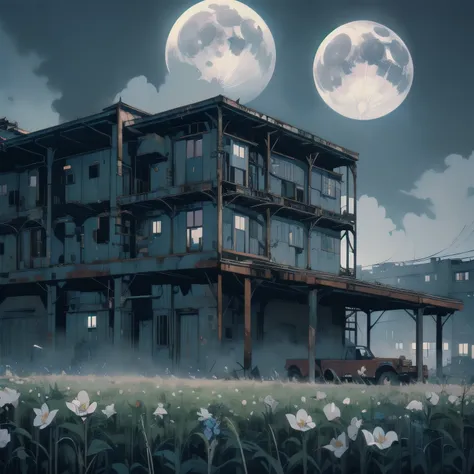 Detailed Machinery、Abandoned Factory、Atrium、White Flower Field、(((Rusty ambulance)))、(((fog)))、Detailed Background、Top Quality、(((No humans)))、Broken ambulance、(((Blue dark)))、(((moonlight)))、highlight