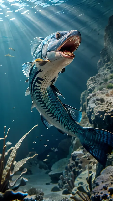 photorealistic angry baracuda fish, detailed scales, teeth, eyes, fins, underwater scene, blue ocean water, sunlight rays, natural lighting, dynamic motion, realistic textures, 4k, high quality, highly detailed