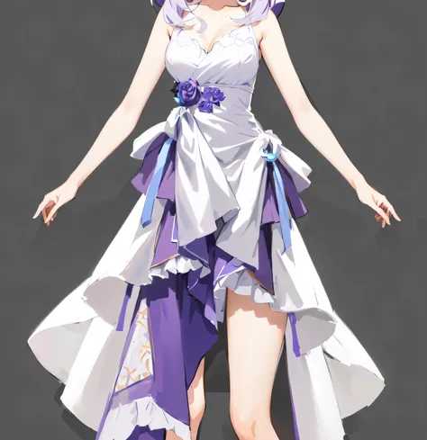 anime girl in a white dress with purple hair and a purple dress, cute anime waifu in a nice dress, purple eyes and white dress, outfit design, beautiful full body concept art, fashion concept art, full body concept, clear outfit design, anime full body ill...