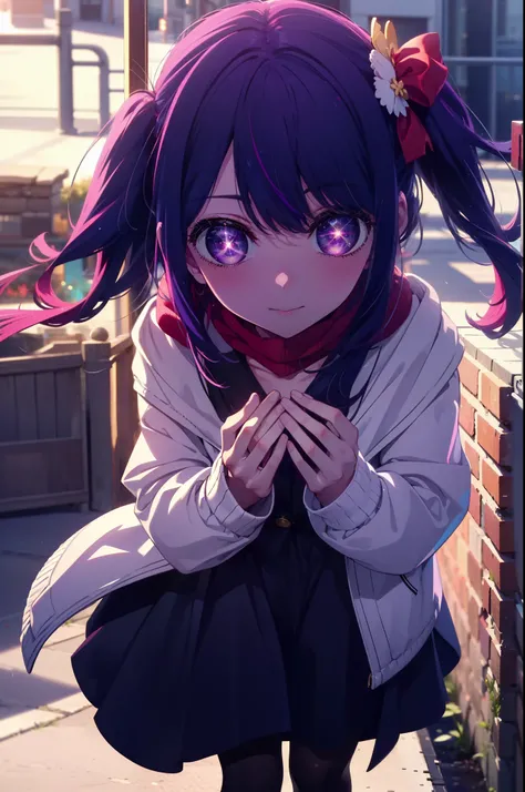 aihoshino, Ai Hoshino, Long Hair, bangs, (Purple eyes:1.1), Purple Hair, (Symbol-shaped pupil:1.5), smile,
break one side up, hair ornaments, Hair Ribbon, Purple long coat,V-neck sweater,Long skirt,Black pantyhose,short boots,Red muffler,It&#39;s snowing,S...