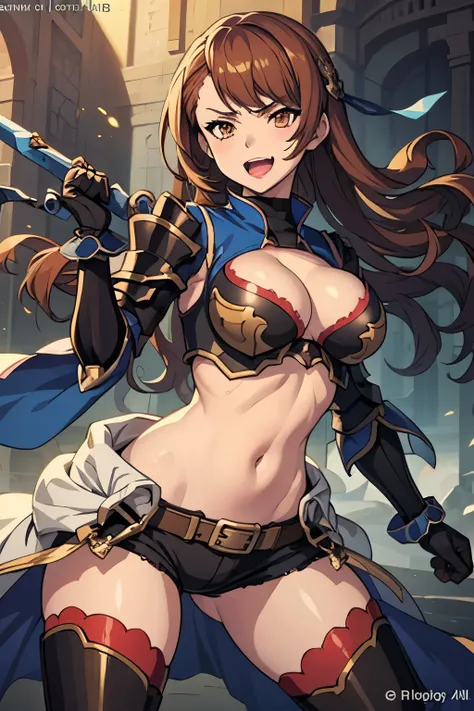  defbeatrix, long hair,, gauntlets,  gloves, cleavage cutout, belt, short shorts, large breasts, Hot girl, baddie, staring, glaring, bad attitude, mean girl, dare, angry, hate, crazy, sensual, attractive, masterpiece, best quality, highly detailed, fantasy...