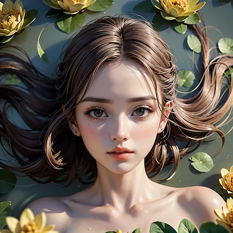 Beautiful girl floating on a river, long flowing hair, gentle expression, water lilies and flowers, lush green foliage, atmospheric lighting, classical painting style, muted color palette, cinematic composition, photorealistic, Ultra-detailed ((She is lyin...