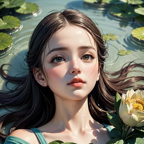 Beautiful girl floating on a river, long flowing hair, gentle expression, water lilies and flowers, lush green foliage, atmospheric lighting, classical painting style, muted color palette, cinematic composition, photorealistic, Ultra-detailed ((She is lyin...