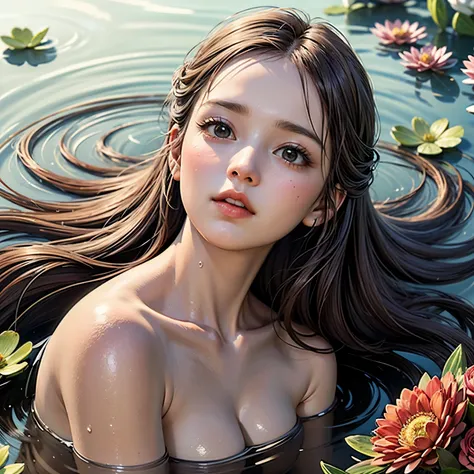 Beautiful girl floating on a river, long flowing hair, gentle expression, water lilies and flowers, lush green foliage, atmospheric lighting, classical painting style, muted color palette, cinematic composition, photorealistic, Ultra-detailed ((She is lyin...