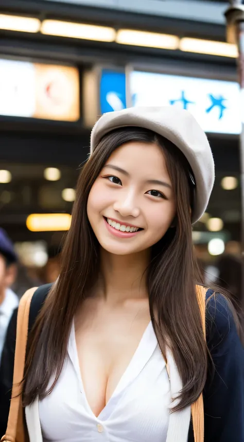 masterpiece,best quality,(Japanese school girl),((Beautiful girl)),cleavage,(perfect body beauty:1.2),(shy smile),beautiful teeth,(hat),(Shibuya scramble crossing),