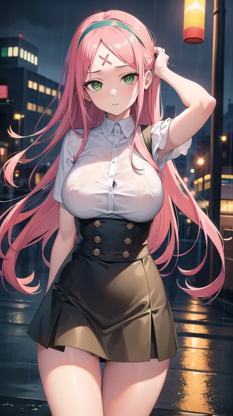 sakuraharuno, sakura haruno, long hair, bangs, (green eyes:1.5), pink hair, hairband, facial mark, (forehead mark:1.2), red hairband, (swept bangs:1.5), (medium breast:1.2),
white blouse,wet blouse,сleavege,neckline,nipples,nipples see through,blue skirt,h...