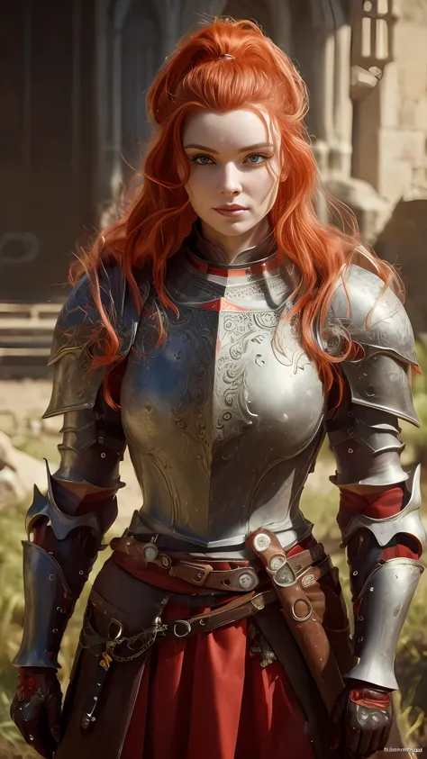 ((A red-haired warrior, wearing a skirt, wearing plate armor, steel gauntlets, steel gloves and steel cuirass, wearing a skirt)), very detailed skirt, medieval fantasy, d&d, RPG, masterpiece, best quality, 8K, ultra realistic. The most desired girl in the ...