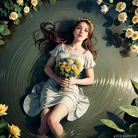 Beautiful girl floating on a river, long flowing hair, gentle expression, water lilies and flowers, lush green foliage, atmospheric lighting, classical painting style, muted color palette, cinematic composition, photorealistic, Ultra-detailed ((Holding a b...