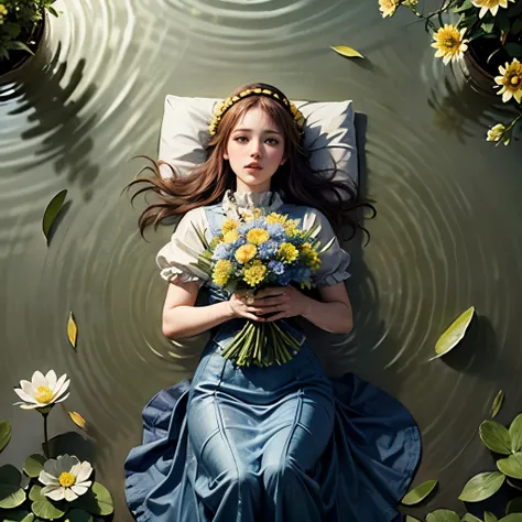 Beautiful girl floating on a river, long flowing hair, gentle expression, water lilies and flowers, lush green foliage, atmospheric lighting, classical painting style, muted color palette, cinematic composition, photorealistic, Ultra-detailed ((Holding a b...