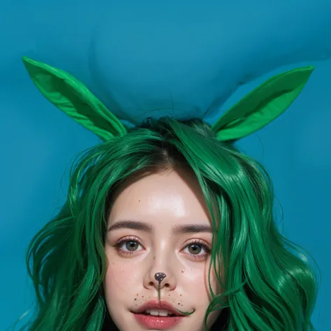 bunny ears This image features a  dressed in a vibrant green outfit, symbolizing energy and youthful vibrancy. The outfit includes a textured white chest piece resembling a fluffy bunnys belly, adding a playful and imaginative touch to the ensemble. The  i...