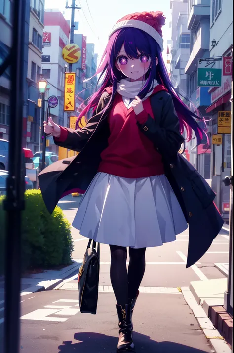 aihoshino, Ai Hoshino, Long Hair, bangs, (Purple eyes:1.1), Purple Hair, (Symbol-shaped pupil:1.5), smile,smile,blush,Open your mouth,Knitted hat,Purple long coat,V-neck sweater,Long skirt,Black pantyhose,short boots,Red muffler,It&#39;s snowing,Snow is fa...