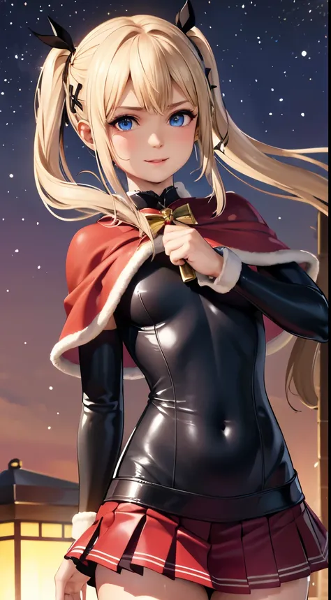 best quality, highres, ultra-detailed, realistic:1.37), A lady, 12 years old, (opening my mouth),(slightly wet with sweat), (dark hair), (micro skirt, bodysuit, short cape), (smiling), (fantasy, night), santa top