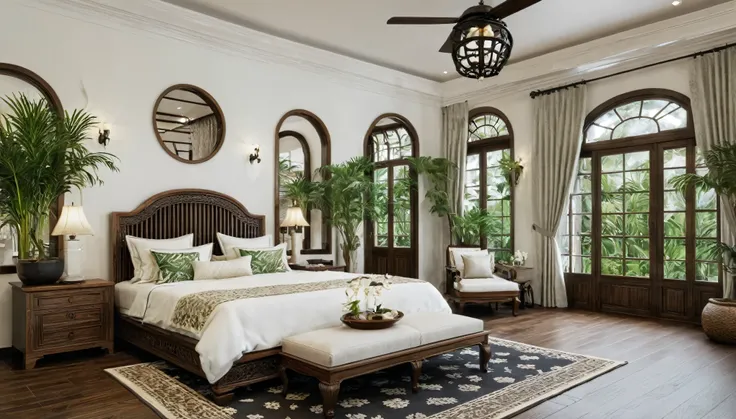 Render a serene Indochine-style bedroom that matches the overall design of a 5-meter-wide, 3-story townhouse. The bedroom features a grand wooden bed with an intricately carved headboard and luxurious, patterned bedding in warm, earthy tones. The walls are...