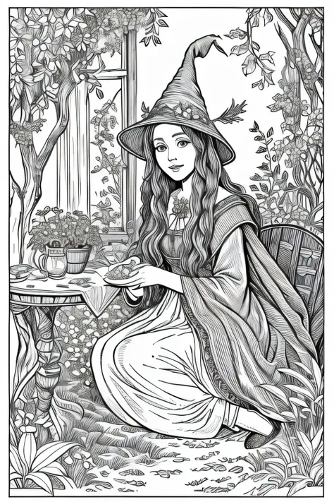 "In her cozy cottage nestled deep in the enchanted forest, the whimsical witch tends to her garden of enchanted herbs and flowers  make it as line art for colouring book 