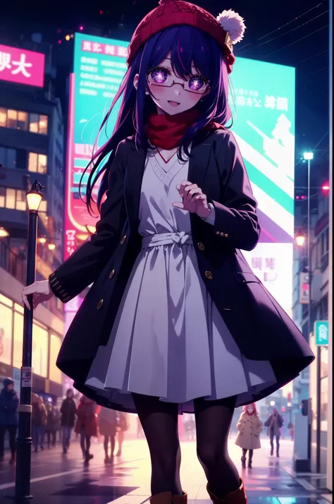 aihoshino, Ai Hoshino, Long Hair, bangs, (Purple eyes:1.1), Purple Hair, (Symbol-shaped pupil:1.5), smile,smile,blush,Open your mouth,Knitted hat,Black-rimmed glasses,Purple long coat,V-neck sweater,Long skirt,Black pantyhose,short boots,Red muffler,It&#39...