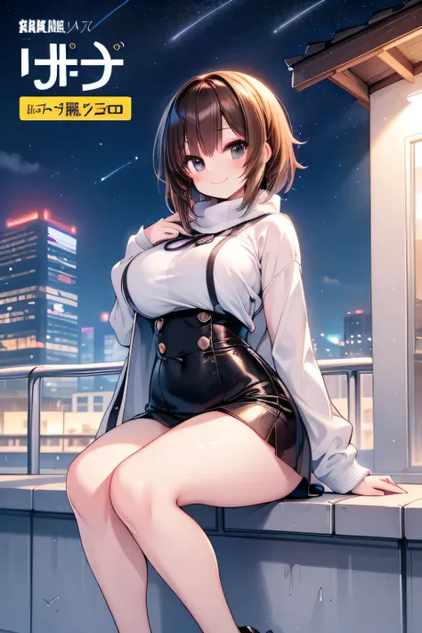 anime、High resolution、Gentle smile、Nishizumi Maho、Magazine cover style、Sensational headlines、A beautiful girl in winter clothes observes the stars on a rooftop late at night、Fatty thick legs、Perfect proportions、Clear eyes