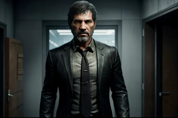 60 year old Joel Miller from The Last of Us game in a black suit and tie, full body shot