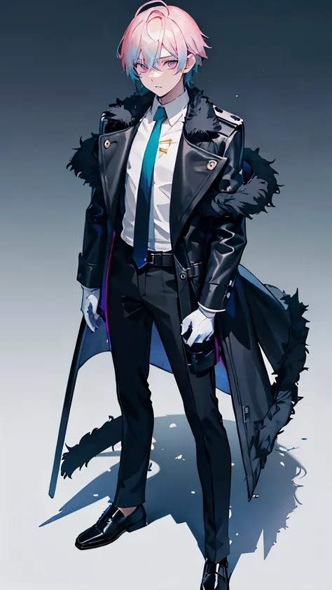 best quality, high quality, (male, a boy:1.2), Jagged tooth, Futuristic atmosphere, Police, near future, above the knee, pink gold hair, Wear a long black fur coat with blue lines, Wear long black pants, Wear a business shirt, wear aqua color tie, white gl...