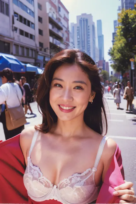 ((Highest quality、8K resolution、Masterpiece、Portraiture)), Photorealistic, 35mm Film, On the street during the day, Wrinkles around the eyes,Wrinkles around the mouth、((show her bra:1.2)) , (Outdoor_City Street: 1.2), Cluttered background,Looking at the au...