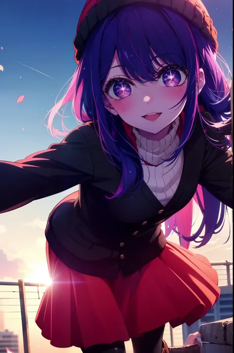 aihoshino, Ai Hoshino, Long Hair, bangs, (Purple eyes:1.1), Purple Hair, (Symbol-shaped pupil:1.5), smile,smile,blush,Open your mouth,Knitted hat,Black-rimmed glasses,Purple long coat,V-neck sweater,Long skirt,Black pantyhose,short boots,Red muffler,It&#39...