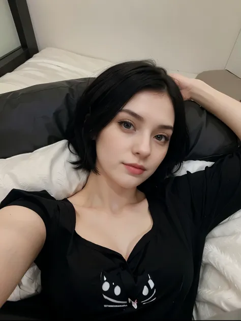 1 Cute Girl, short black hair, pale skin, black cat pajamas, selfie lying down 