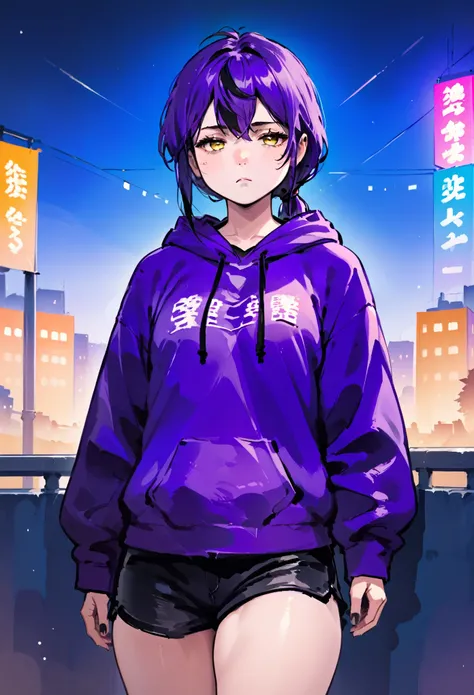 score_9, score_8_up, score_7_up, score_6_up, score_5_up, score_4_up, BREAK source_anime,rating_risky, a girl, thin, pale skin, skinny, tired expression, low ponytail, purple hair, yellow eyes, eye bags, tired expression, purple hoodie, thick thighs, black ...