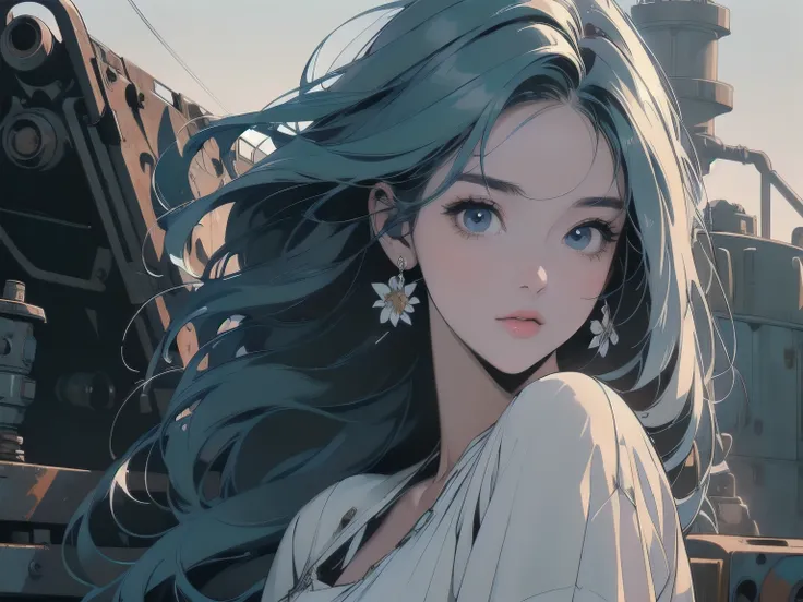 mechanical、Abandoned Factory、Atrium、White Flower Field、(((Rusty heavy equipment)))、(((Perfect Woman)))、Beautiful woman、Woman sitting、mysterious、Pitch Black Night、Blue dark、fog、(((Detailed face)))、Detailed Hair、Flat Chest、White dress、Light blue hair、(((The ...