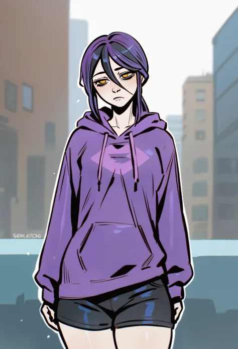 score_9, score_8_up, score_7_up, score_6_up, score_5_up, score_4_up, BREAK source_anime,rating_risky, a girl, thin, pale skin, skinny, tired expression, low ponytail, purple hair, yellow eyes, eye bags, tired expression, purple hoodie, thick thighs, black ...