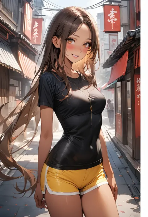 ((masterpiece,Highest quality:1.3,best quality illustration,realistic)),cowboy shot,独奏,1woman,(Mature Japan beauties)、brown hair,long hair,center parted bangs,brown eyes,gorgeous eyes,((very small head:1.3)),blush,smile,((very long body:1.2,skinny)),medium...