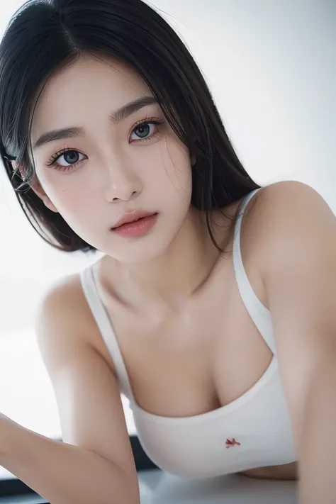 8K,best quality, ultra high resolution, (realistic:1.4), (real skin texture:1.3), (selfie angle),1 woman,Beautifully detailed eyes and face,White background, black hair,table