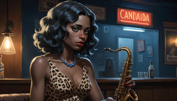 robert johnson, gritty, alabama bar, blue note, charismatic , leopard skin dress, illustration, noir fantasy, lone canadian lady, sad ending, saxophonist