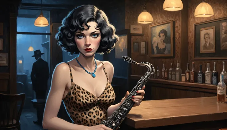 robert johnson, gritty, alabama bar, blue note, charismatic , leopard skin dress, illustration, noir fantasy, lone canadian lady, sad ending, saxophonist