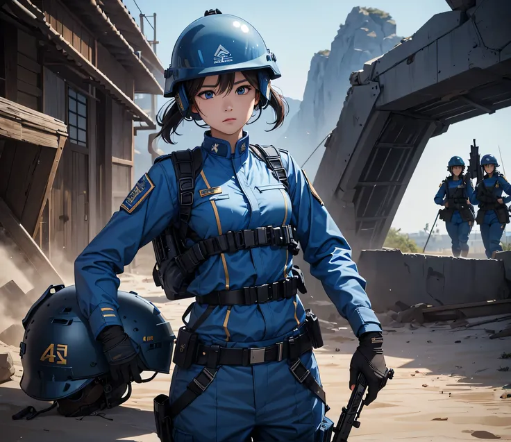 A group of female soldiers all wearing blue uniforms，Full helmet、Military Pants、Individual equipment set、Alert with guns，Write details、masterpiece、best quality、Highly detailed CG、8K picture quality