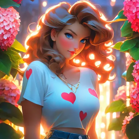 4K, June Scenario, Beautiful woman, long hair, chestnut hair, medium breasts, blue colored eyes, white shirt, hot pants, neon red heart necklace, gazing at viewer, natta, colorful hydrangea
