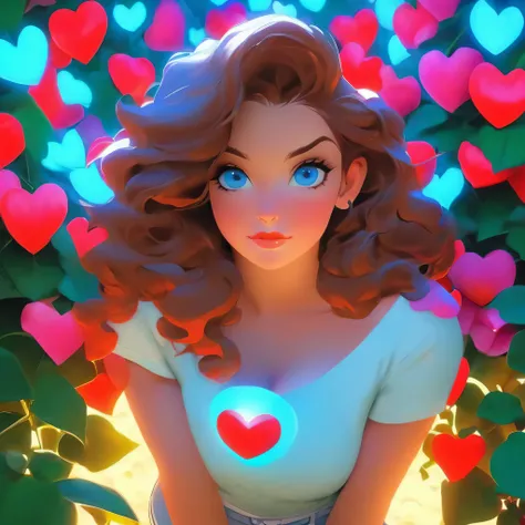 4K, June Scenario, Beautiful woman, long hair, chestnut hair, medium breasts, blue colored eyes, white shirt, hot pants, neon red heart necklace, gazing at viewer, natta, colorful hydrangea