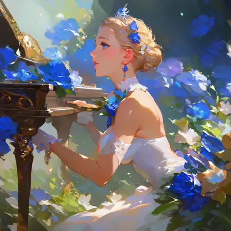 (score_9,score_8_up,score_7_up,) woman in fancy dress leaning over an upright grand piano at dusk with flowers around, 1girl, dress, solo, instrument, flower, high heels, sitting, tiara, white dress, blue eyes, blue flower, blonde hair, hair bun, Expressiv...