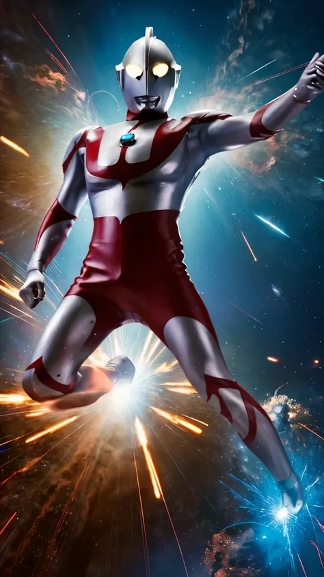 gigantic ultraman,repairing,fixing,oil refinery plants,Ultraman flying in space、tanks,heavy machinery,Metallic armor,glowing eyes,detailed mechanical parts,smoke and sparks,blazing flames,high-tech 、Ultraman flying in space