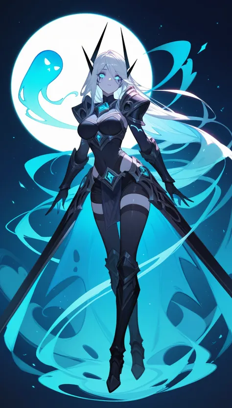 (Fraction_9,Fraction_8_Direction_7_up),1 A Ghost Woman,（（（Full body portrait）））, A beautiful woman，Ghost Knight， Foyego，League of Legends Characters，Arcane，角色身体是translucent的，The broken armor on his body，The legs are also transparent，soul，translucent，