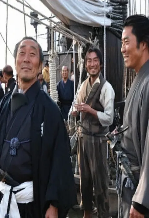 Two Japanese male samurai shaking hands on the beach、One is in his 50s、The other is a young man in his 20s.、Light of the sun、A big black ship on the sea、Both smiling、Black kimono、Total hair