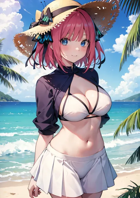 Nino Nakano is a character that appears in the anime "The Quintessential Quintuplets" 「The background is a sunny day at the sandy beach...」The eyes of this character are blue. My hairstyle is a bob cut with shockingpink color. This character is wearing a b...