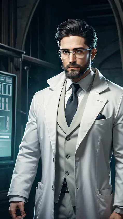 greeneyes、face with well-defined chin, Barba、hero with glasses、white coat worn by scientists、standing alone、There are also researchers、there are scientists、Postgraduate、trunk、highest quallity、work of art、ultra high resolution、(Photoreal:1.4)、game poster