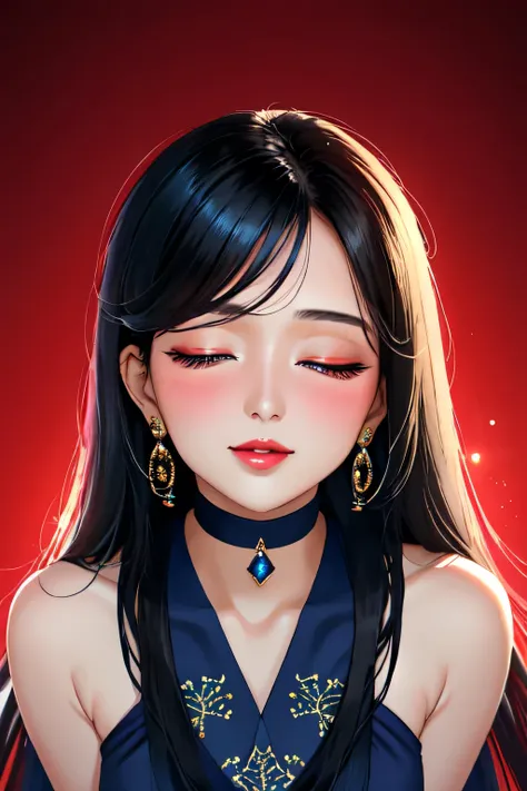 Amazing portrait of a sexy woman with a beautiful face having long straight black hair with detailed eyes and detailed lips wearing some elegant earrings and a navy blue saree with silver embroidery as shes seductively gazing and smiling and blushing inten...