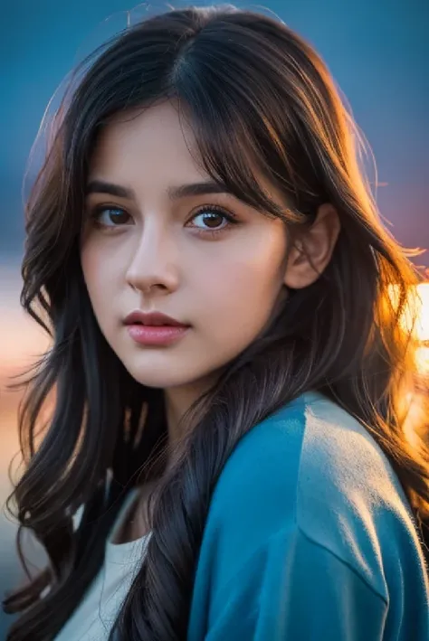 Best Quality, Masterpiece, Ultra High Resolution, (Realism: 1.4), Original Photo, 1Girl,brown Eyes,wearing blue sweeter, Cinematic Lighting, black longwavy Hair, At Sunset