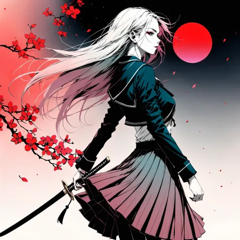 (in style of Santiago Caruso:1.1),1 Girl,Black sailor suit pleated skirt,(Blurred foreground),orchid,White long hair blowing in the wind,(((Background blur))),Red sphere background,Standing,Japanese sword,握着Japanese sword,(眼睛被orchid盖住),inkpunk style,inkpun...