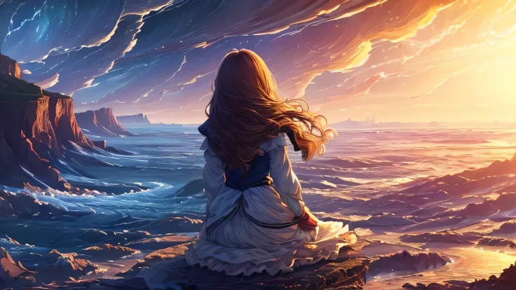 (masterpiece:1.5),(highest quality:1.5),(HDR:1.3),ambient light,ultra-high quality,(ultra detailed original illustration),8k,(((1 girl, back view:1.2))),A lone figure with hair like spun gold stands on a precipice overlooking a swirling vortex of colors,re...