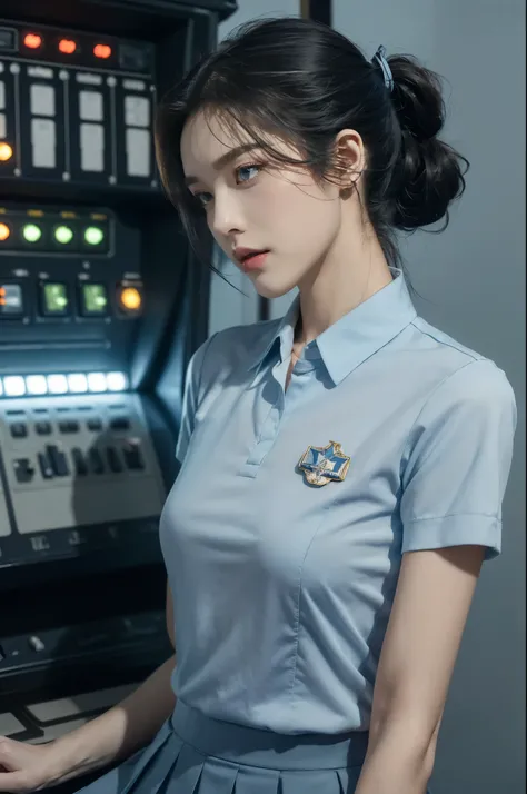 (((best quality))),(((ultra detailed))),(((masterpiece))),illustration,((1girl, female, Air Force commander,solo)),(short ponytail:1.2),((slim,thin)),((small breasts,flat chest)),poised, confidence, authority,(light blue collared short-sleeved shirt:1.3),(...