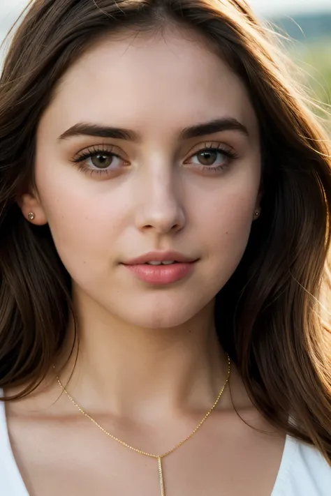 a very close up of a woman with a necklace on her neck, ana de armas, ana de armas portrait, portrait of ana de armas, kailee mandel, brown hair and large eyes, gorgeous young alison brie, gorgeous attractive face, beautiful alison brie magician, viktoria ...