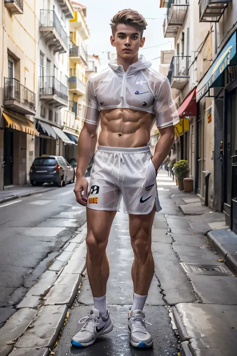 Full body shot of a young Spanish male standing wearing white socks on the street，White skin，Wearing only white socks，Transparent clothes, Wearing Nike shoes，Twenty-year-old,  Brown hair