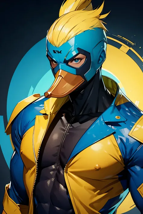 a duck mutant with a blue and black costume and blue mask and yellow hair, with a human body, white skin, and yellow beak