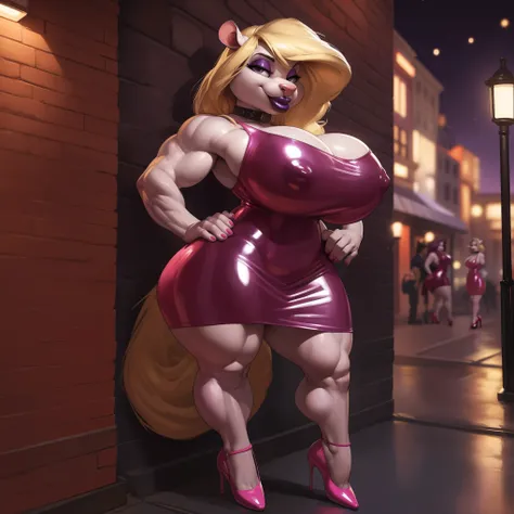 solo, 1girl, minerva mink, (huge breasts:1.2), (hyper hips), (big bottom lip:1.3), (deep purple lip gloss:1.3), pink leather collar, bimbo, blonde hair, (tail:1.2), prostitute, pink eyeshadow, curvy, voluptuous, hourglass figure, (pink dress:1.3), (pink la...